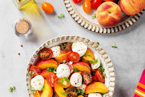 Georgia Peach and Mozzarella Caprese Salad with Balsamic Garlic Drizzle - Benissimo